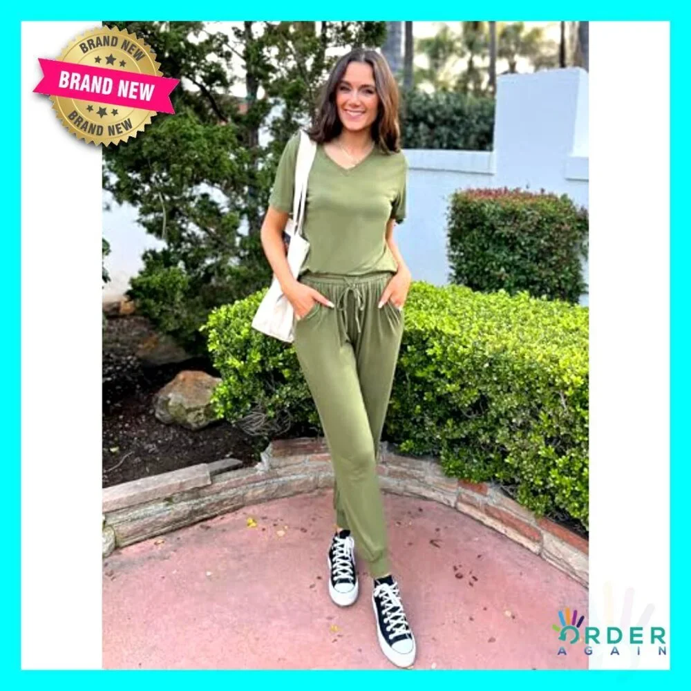 V-Neck Short Sleeve Tops Long Pants Tracksuit Lounge Jogger Set with Pockets